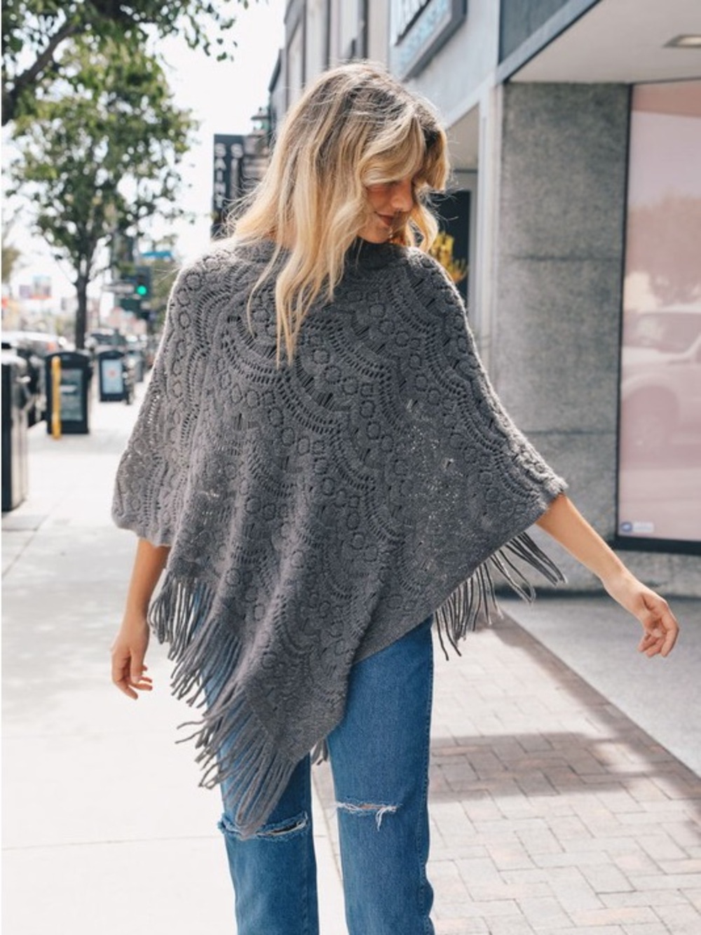 441. Grey Gray fringe scallop knit poncho - Picture 2 of 3